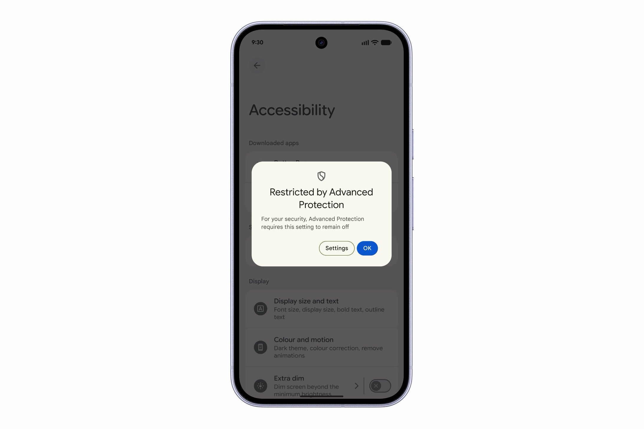 Android 17 accessibility settings blocked by Advanced Protection