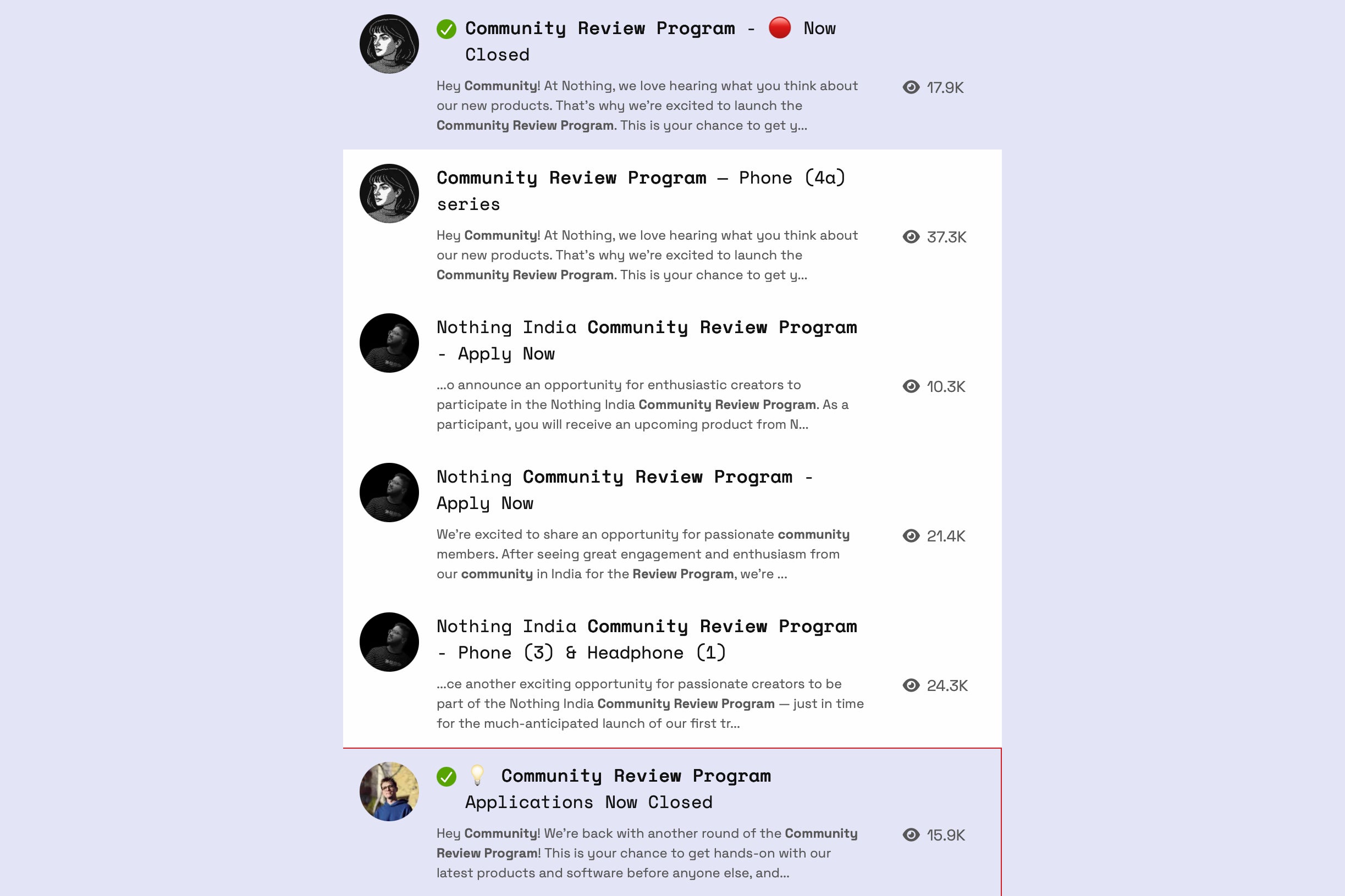 Screenshot of past Nothing Community Review Program posts