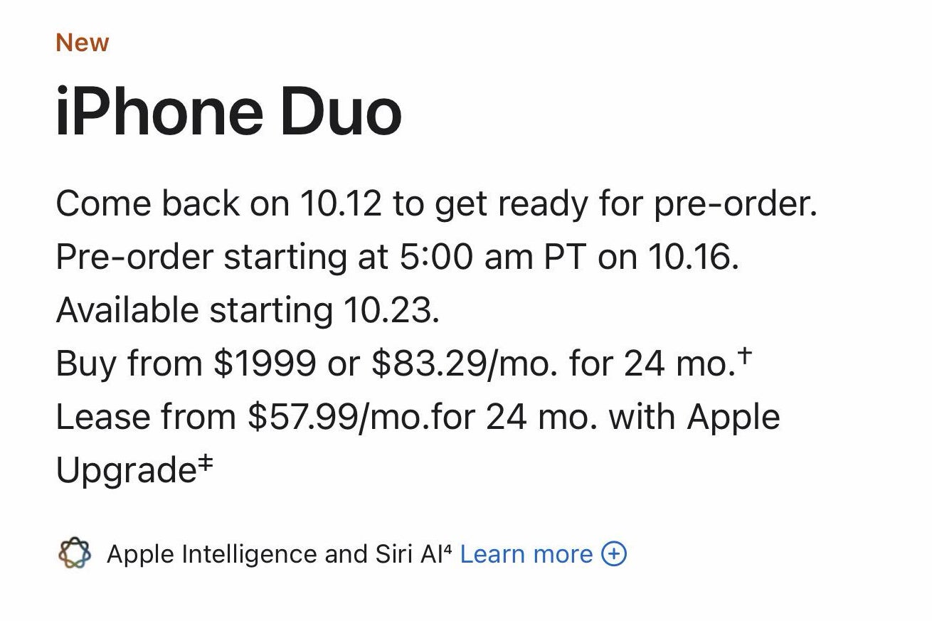 Apple&amp;#039;s iPhone Duo page showing the October 12 Get Ready date
