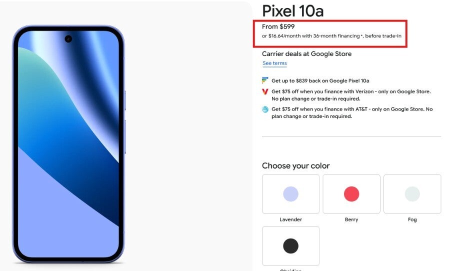 Pixel 10a and its new, higher price, appears in the Google Store.