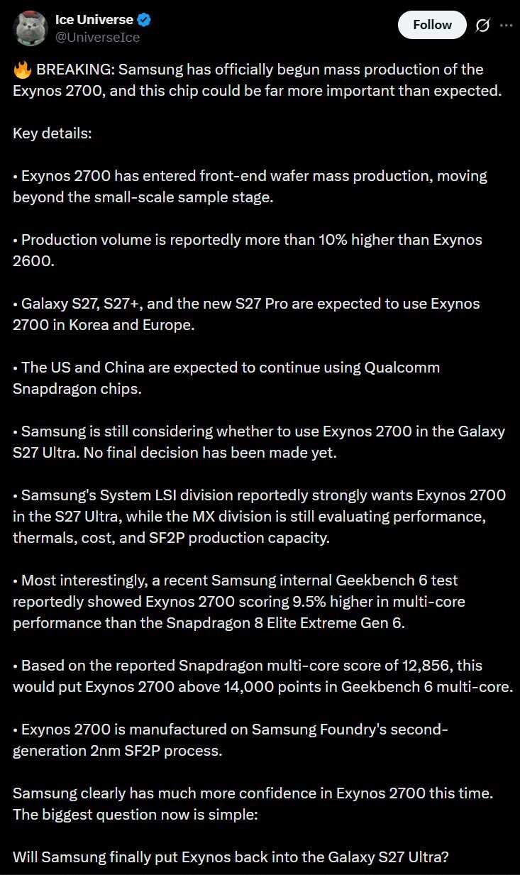 Prolific leaker IceUnivese quickly picked up the news. | Image by X - Galaxy S27 series processor goes into mass production with a caveat