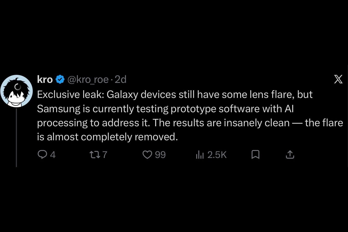 Tweet from kro about Samsung testing AI lens flare removal 