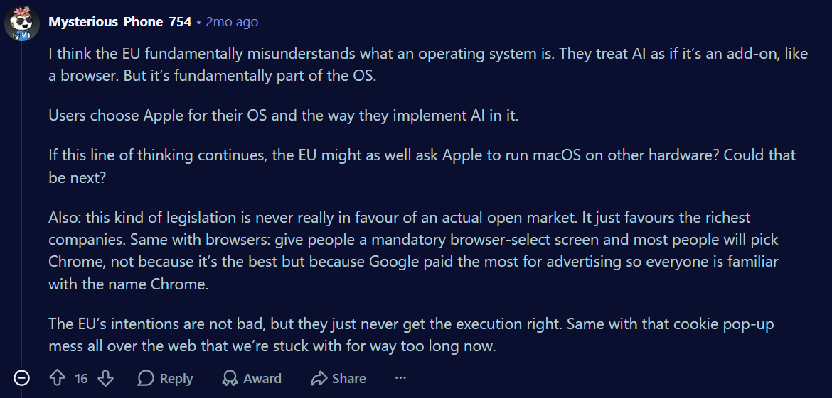 Is the EU in the right here? | Image by Reddit - Apple&rsquo;s Siri AI delay for the EU isn&rsquo;t going away anytime soon, I&rsquo;m afraid