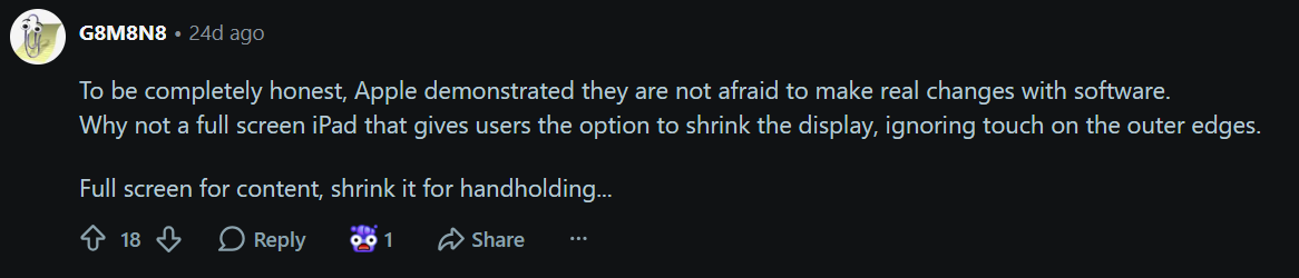 Honestly, Apple, I think this person might be on to something. | Image by Reddit - The iPad is finally adopting a design that Samsung tablets have had for years and I&rsquo;ve always been puzzled by