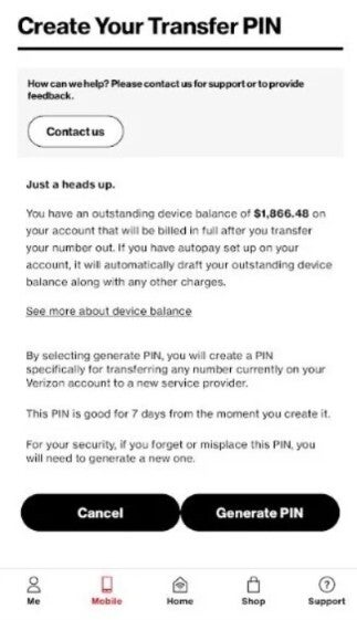 You can request a transfer PIN in the Verizon app. | Image by PhoneArena - How to ask Verizon, T-Mobile, and AT&amp;T for a retention discount