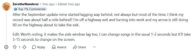 Reddit post from Google Maps user running Android Auto with a Pixel 11 model.