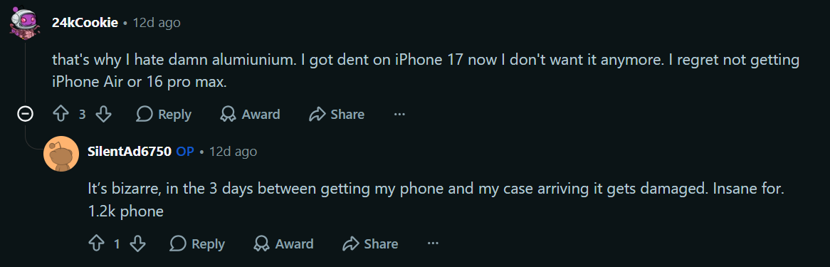 Not everyone is giving Apple a free pass for this. | Image by Reddit - The Burgundy iPhone 18 Pro Max paint is already fading, much to my disappointment