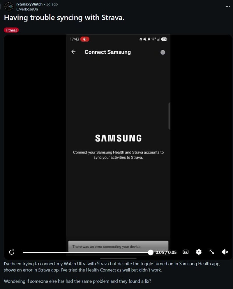 The same issue appeared in two separate on the Galaxy Watch subreddit.