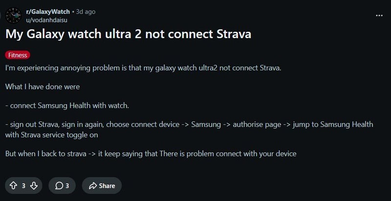 The same issue appeared in two separate on the Galaxy Watch subreddit.
