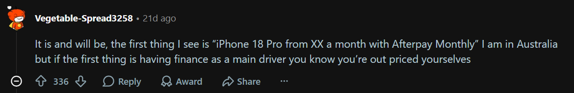 Apple knows that the economy is suffering and that it's flagships cost a lot now. | Image by Reddit - The RAMpocalypse robbed us of a major iPhone 18 Pro and iPhone Duo upgrade