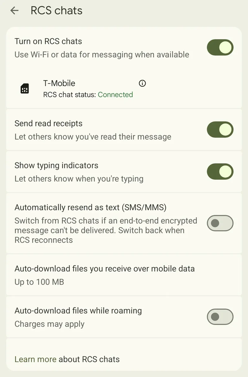 You can currently deactivate RCS for one contact or use SMS/MMS when RCS fails.