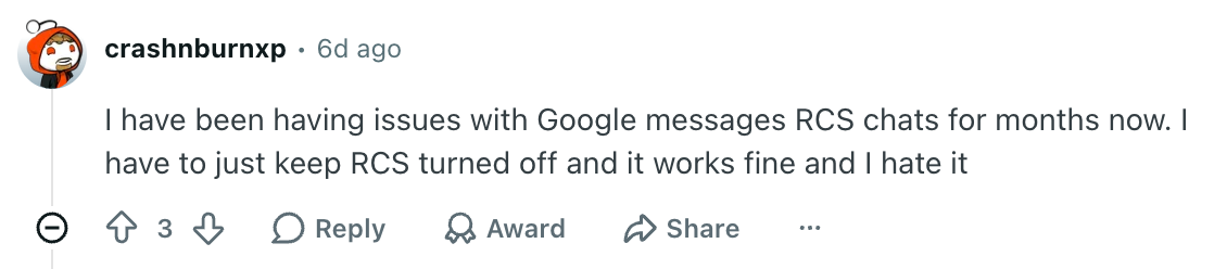 Some redditors are already turning off RCS completely. | Image by Reddit (screenshot - Google Messages is reportedly losing an important RCS option