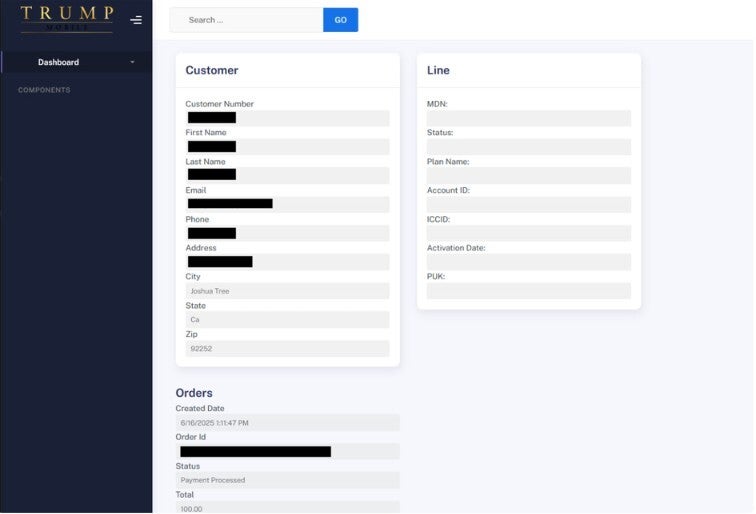 Screenshot showing Trump Mobile customer&amp;#039;s stolen personal data.