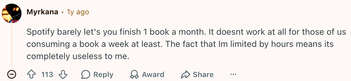 Avid readers don't enjoy Spotify's audiobooks limitations. | Image by Reddit (screenshot - Spotify is finally making a popular feature available worldwide