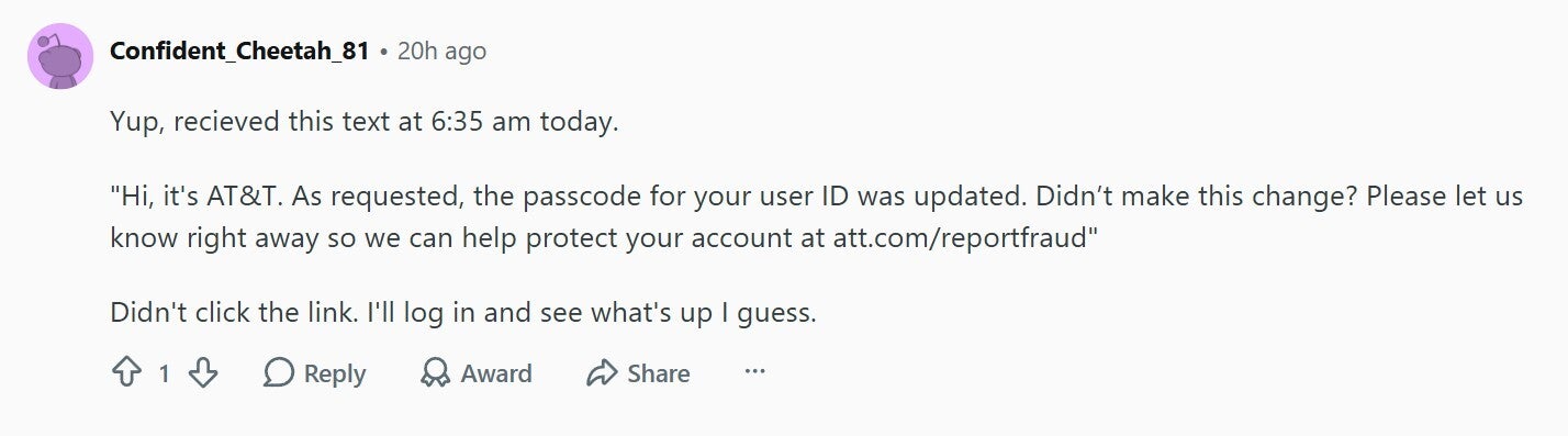 Password reset message by AT&amp;amp;T.