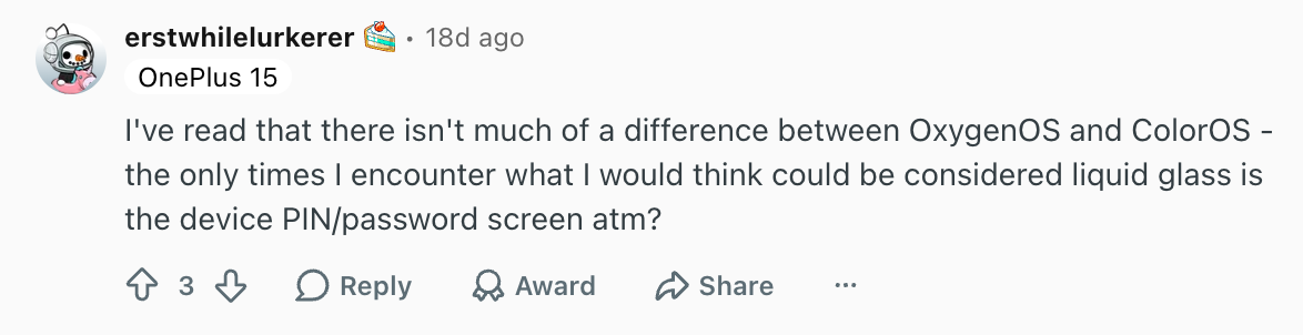 Apparently the interface change isn't such a big deal for everyone. | Image by Reddit (screenshot - Some OnePlus 15 owners can finally switch their whole operating system