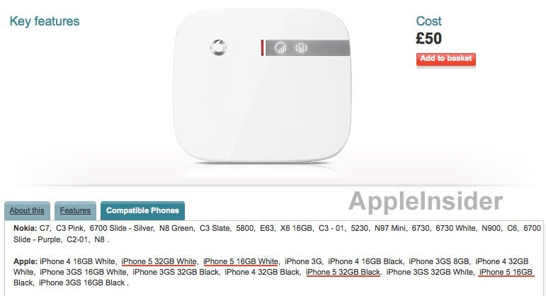 Vodafone's listing of its Sure Signal shows that the Apple iPhone 5 will come in black or white and in 16GB and 32GB variants - Web listing of Vodafone's Sure Signal suggests it's the same ole, same ole for the Apple iPhone 5