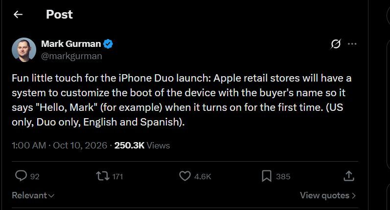Apple has a nice surprise for iPhone Duo buyers. | Image by X - You won&rsquo;t believe what Apple Stores are doing to the iPhone Duo startup screen