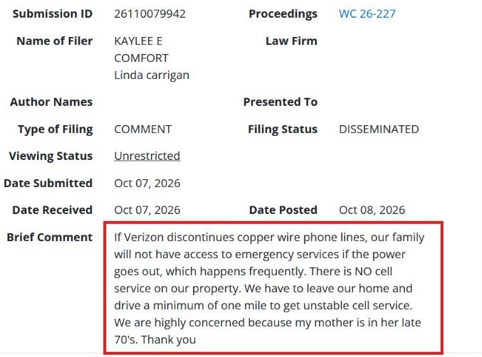 Commennt sent to FCC from Verizon customer who wants to keep his landlines.
