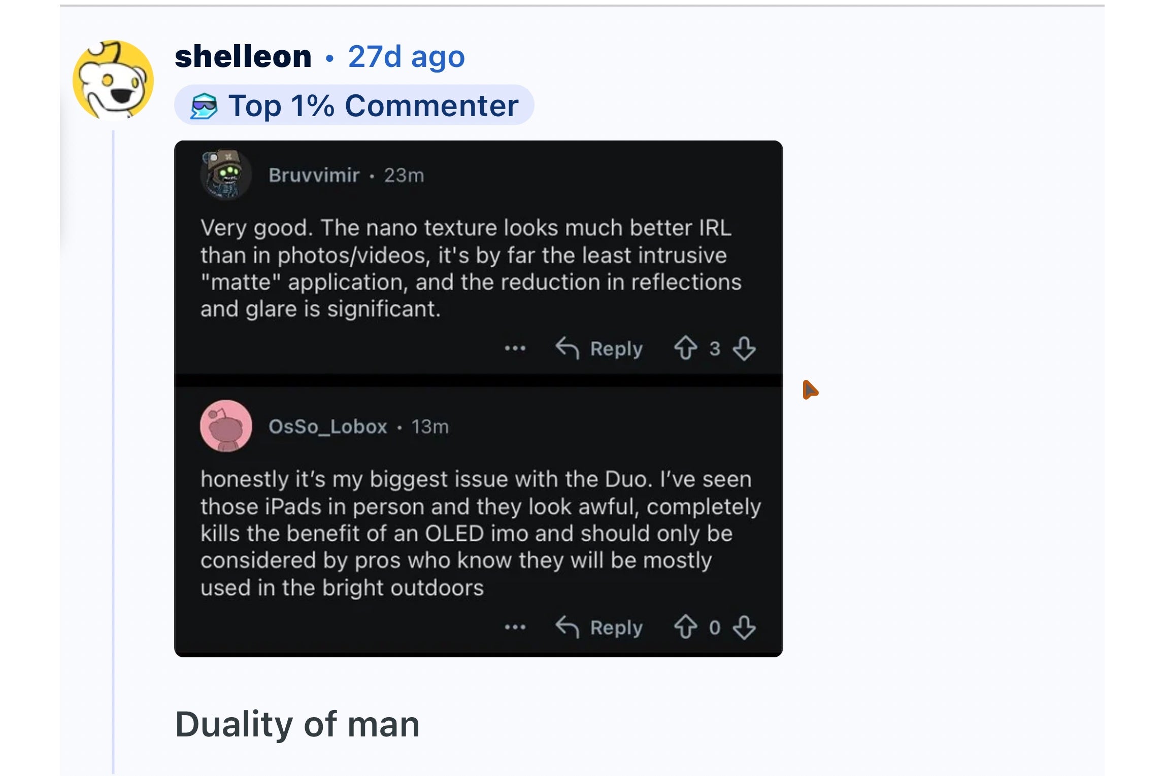 Reddit comment pairing praise and criticism of the iPhone Duo matte display
