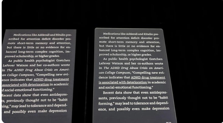 On left, an 11th-generation base Kindle with no bug. At right is a new 12th-gen unit with the light bleed along the edges of the screen.