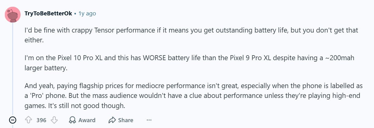 User talking about poor performance of Tensor chip.