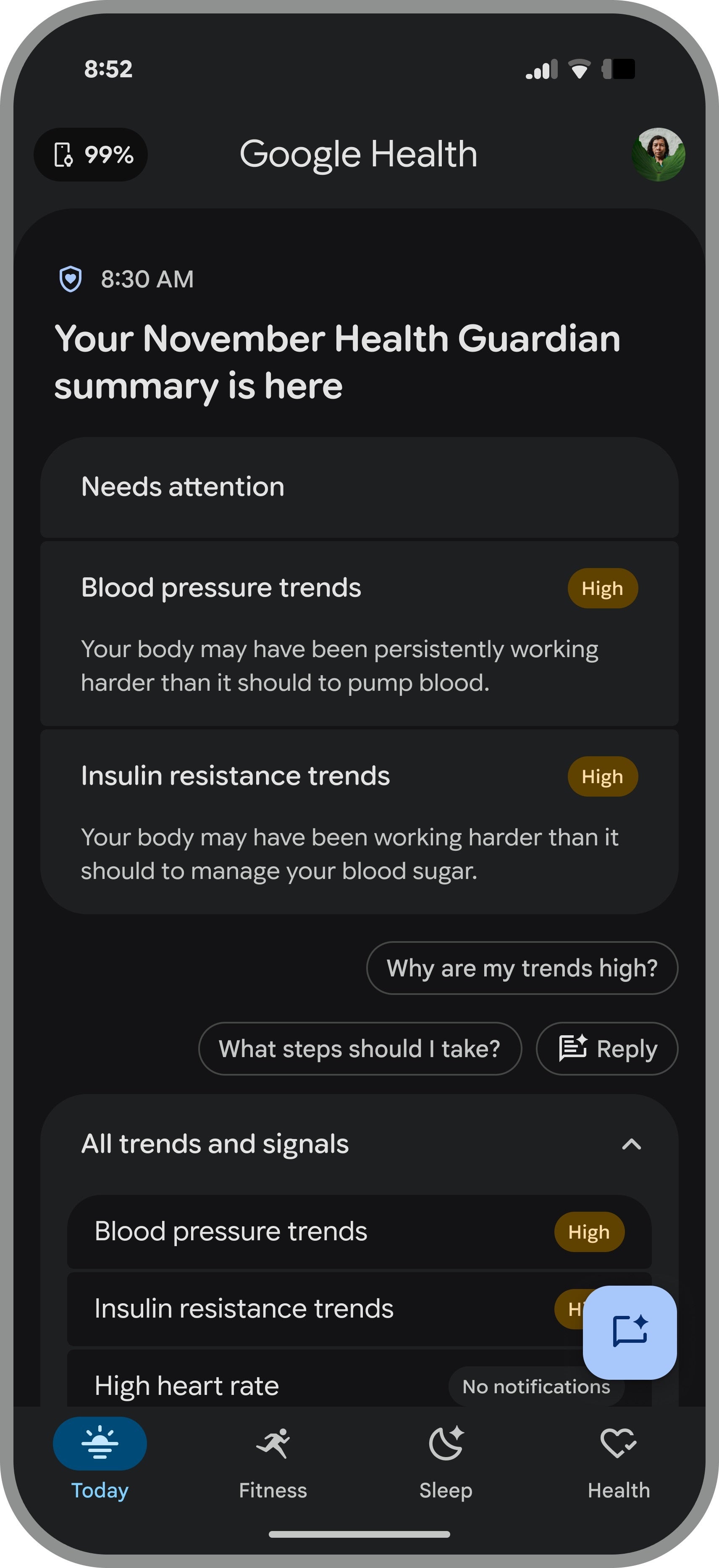 Google Health app showing a monthly Health Guardian summary