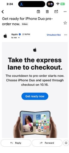 Email sent by Apple to pre-register iPhone Duo pre-orders.