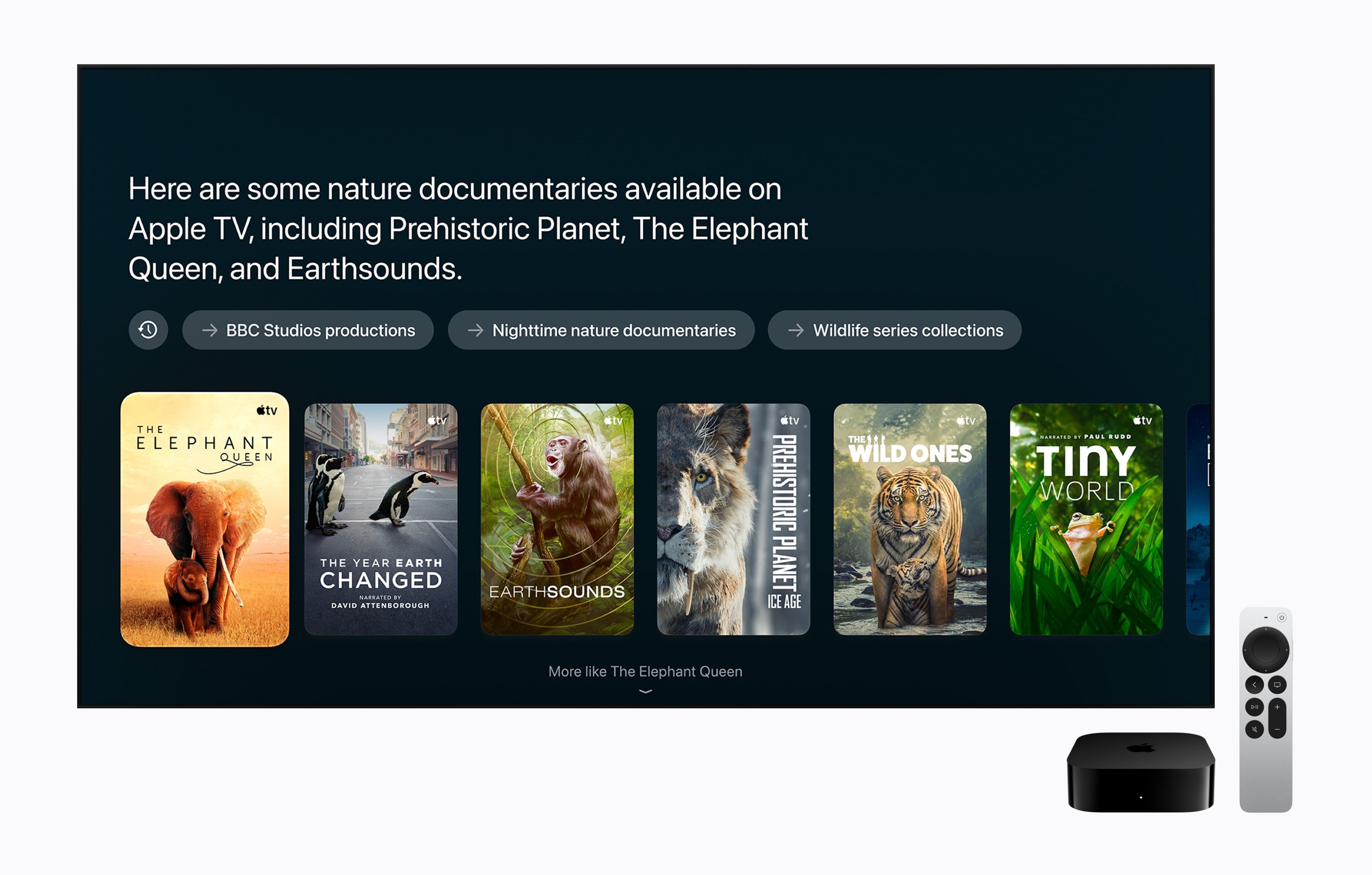 Siri AI showing nature documentary picks on Apple TV 4K