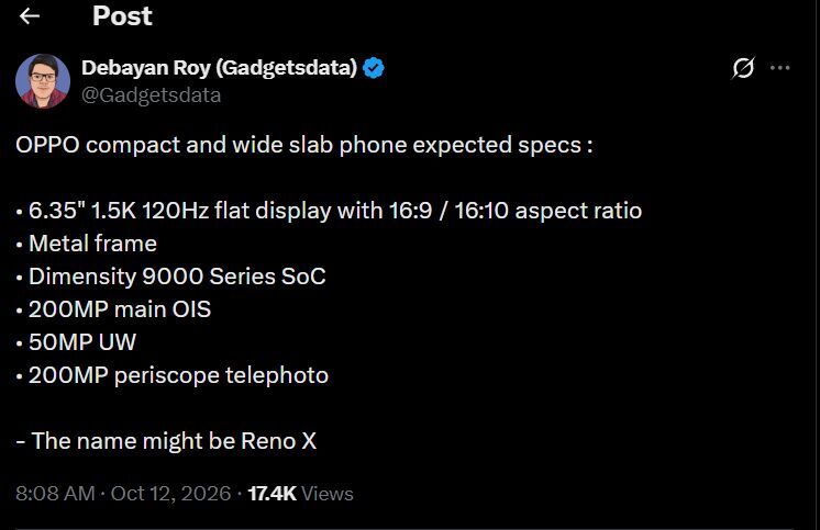 The alleged specs of the upcoming Oppo Reno X. | Image by X - 400 megapixels in your pocket? This upcoming wide-screen phone shames the iPhone Duo!
