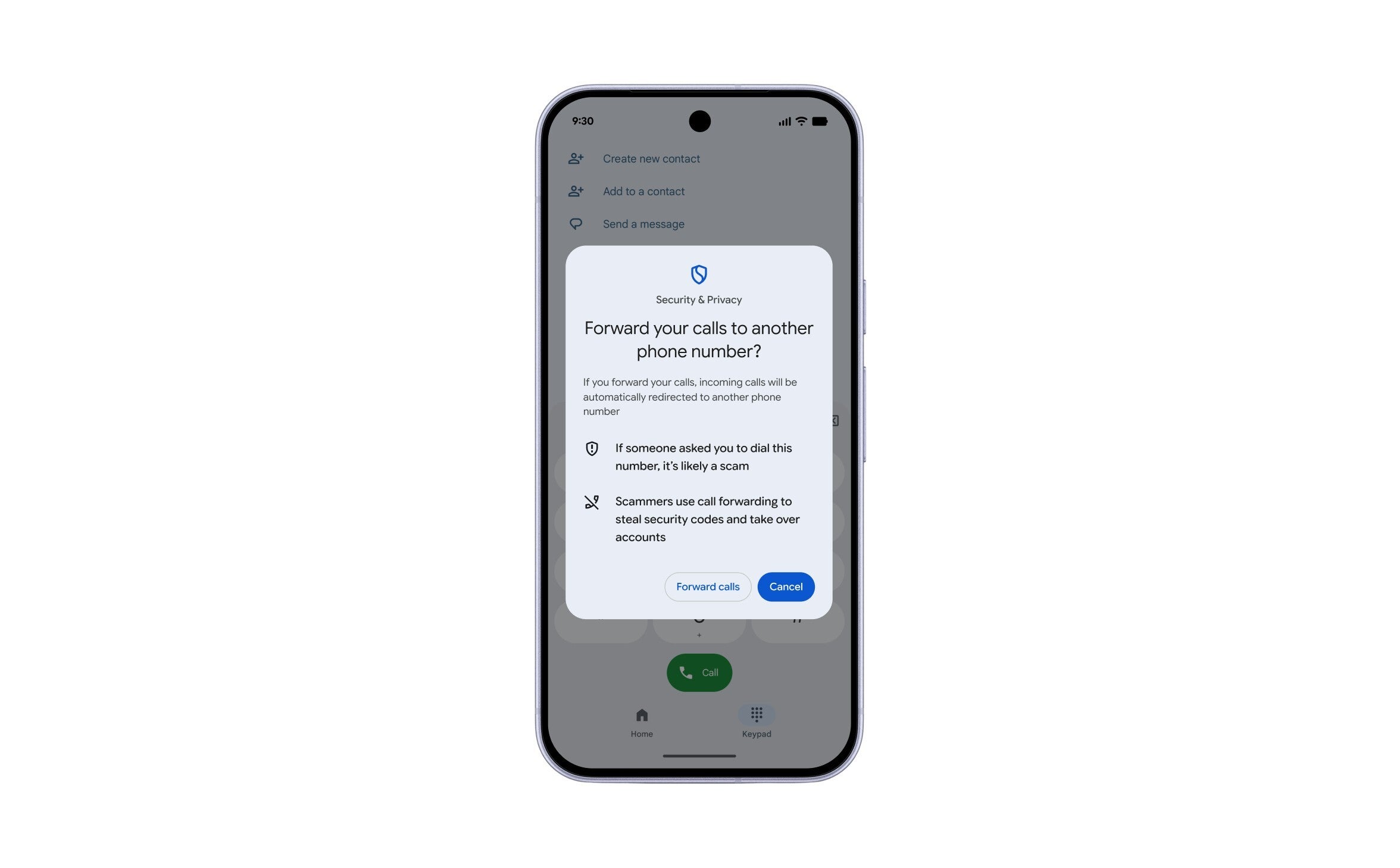 Android mascot under a green shield with scam protection stats