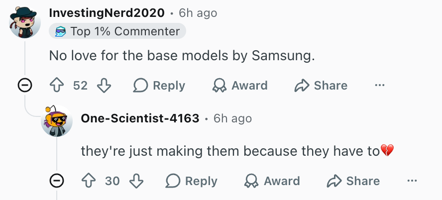 Samsung's treatment of the base models is not sitting well with some Galaxy fans. | Image by Reddit (screenshot - Galaxy S27 and S27 Plus rumored to miss on an exciting camera upgrade
