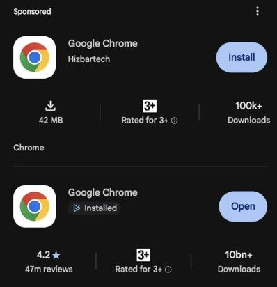 Play Store listing for fake Chrome app and real Chrome app.