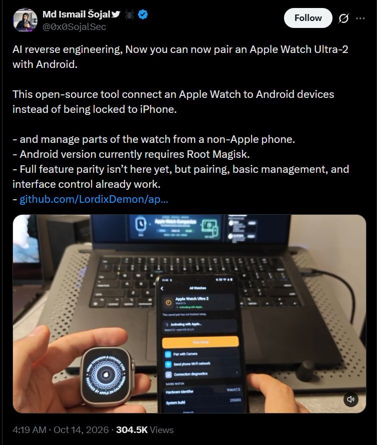 The Apple Watch Ultra 2 works on Android... sort of. | Image by X - You can pair an Apple Watch with Android now, and it's a massive mistake