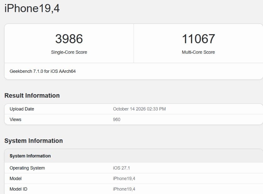 Geekbench 7 test results for the iPhone Duo. | Image by Geekbench - The iPhone Duo could be the most powerful book-style foldable