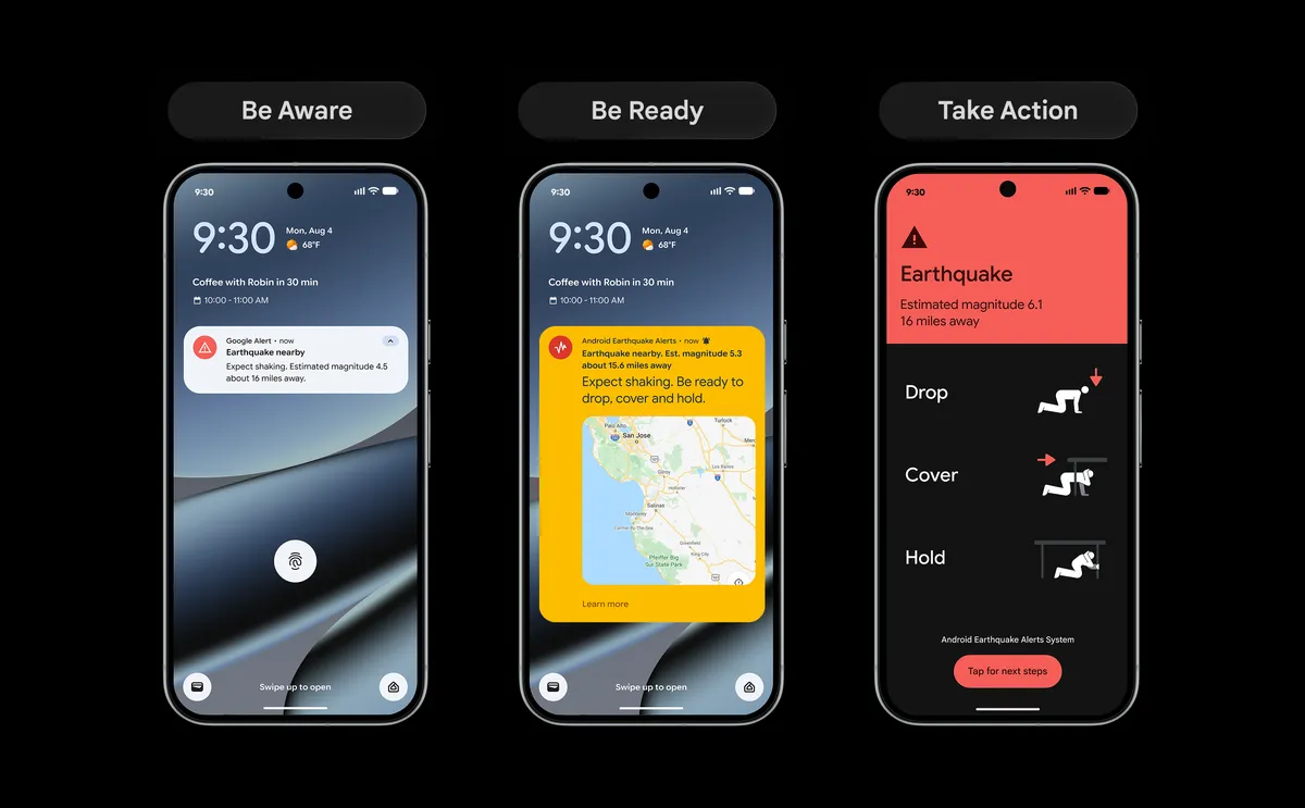 Be Aware, Be Ready and Take Action earthquake alert screens