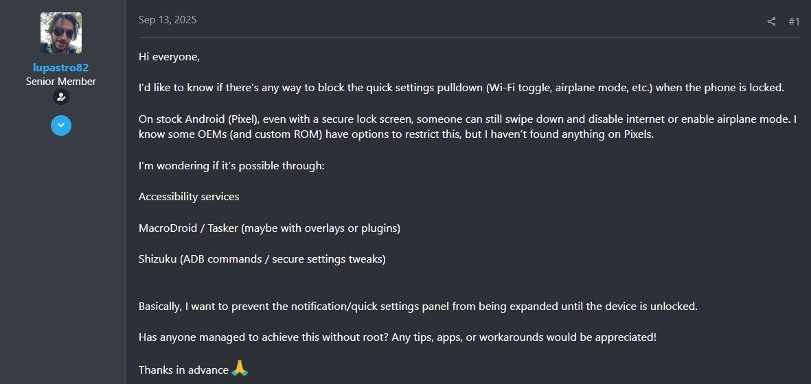 Comment about Lock screen settings on Pixel phones.