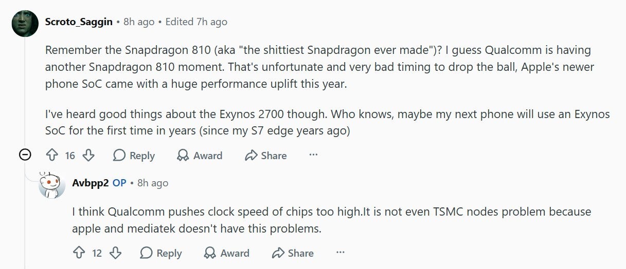 Comment about Snapdragon 810 on Reddit.
