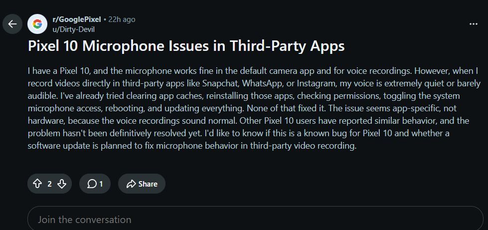An old audio issue is resurfacing on the Pixel 10 series. | Image by Reddit - Why your Google Pixel might suddenly be recording super quiet audio