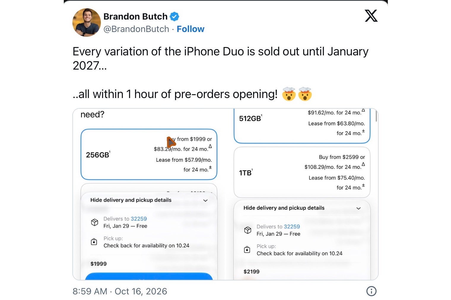 Brandon Butch post showing iPhone Duo delivery dates in January