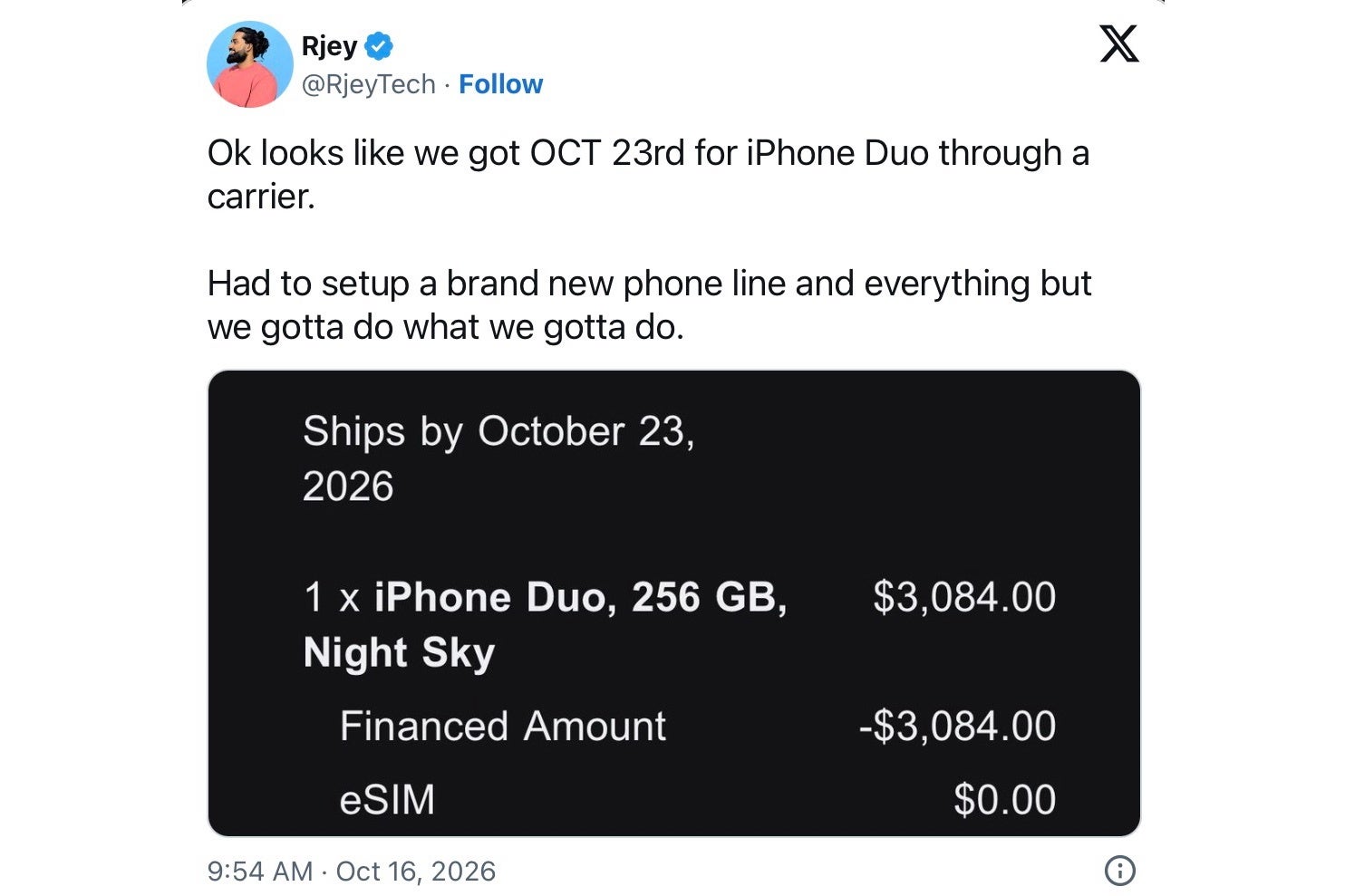Carrier iPhone Duo order showing an October 23 ship date