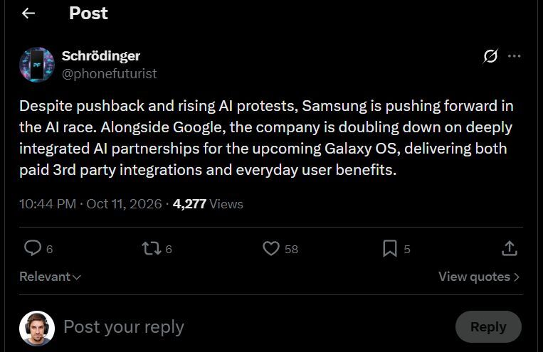 Phonefuturist casually dropped the Galaxy OS name on X. | Image by X - The end of One UI? Wild rumor suggests Samsung is preparing a total OS replacement