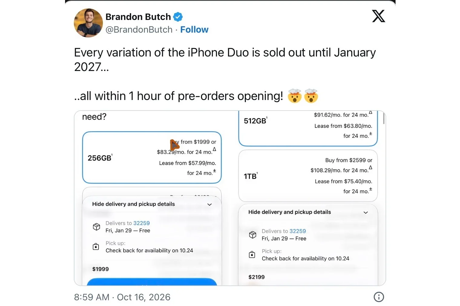The iPhone Duo stock was gone in under an hour. | Image by BrandonButch via X - Apple's new $79 iPhone Duo case requires actual glue to stay on your phone
