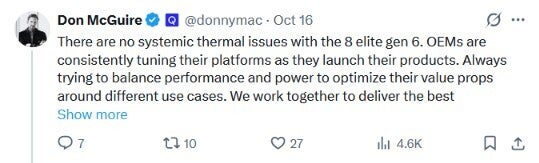 Tweet by Qualcomm CFO Don McGuire refuting rumor about overheating Snapdragon chips.
