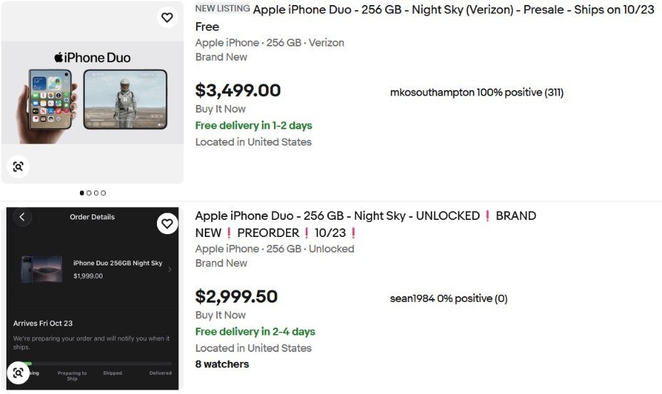 If you don't mind overpaying, you can find an iPhone Duo arriving next week on eBay. | Image by eBay - Apple Store employees are warning potential iPhone Duo buyers not to do this
