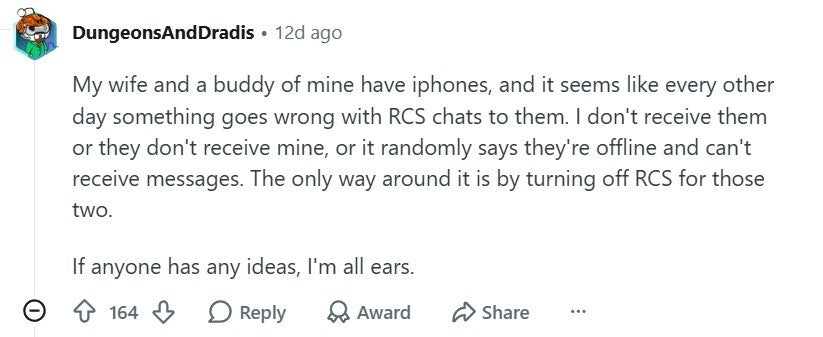 User facing problem with RCS with communicating with iPhone.