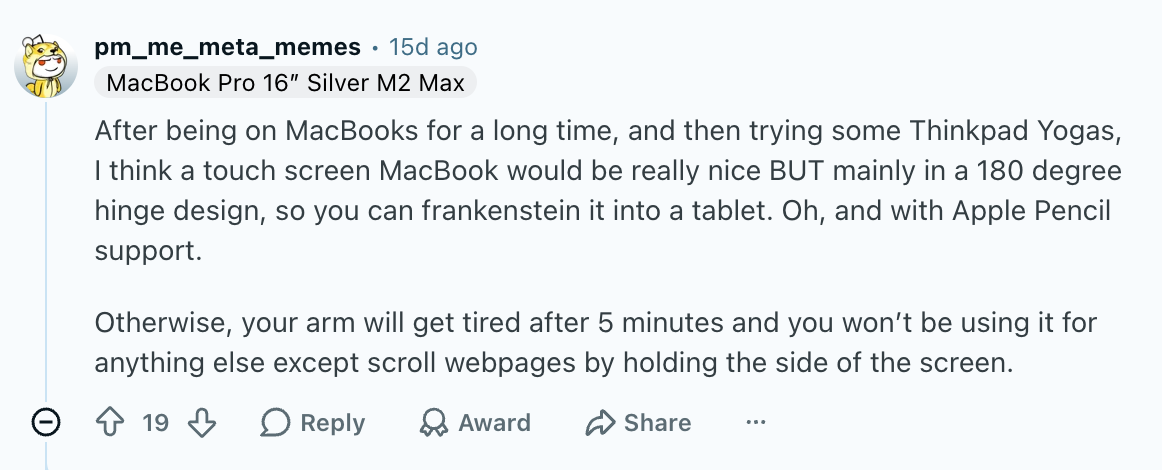 For some redditors, touchscreen on a MacBook could only work after a redesign. | Image by Reddit (screenshot - Apple confirms it&rsquo;s launching even more new devices