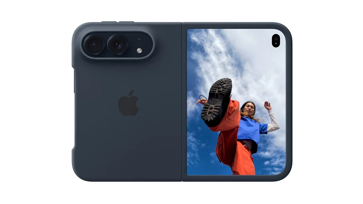 The official iPhone Duo case sticks to the phone with adhesive strips. | Image by Apple - Apple finally entered the foldable market with the iPhone Duo, only to copy Android&rsquo;s worst case design