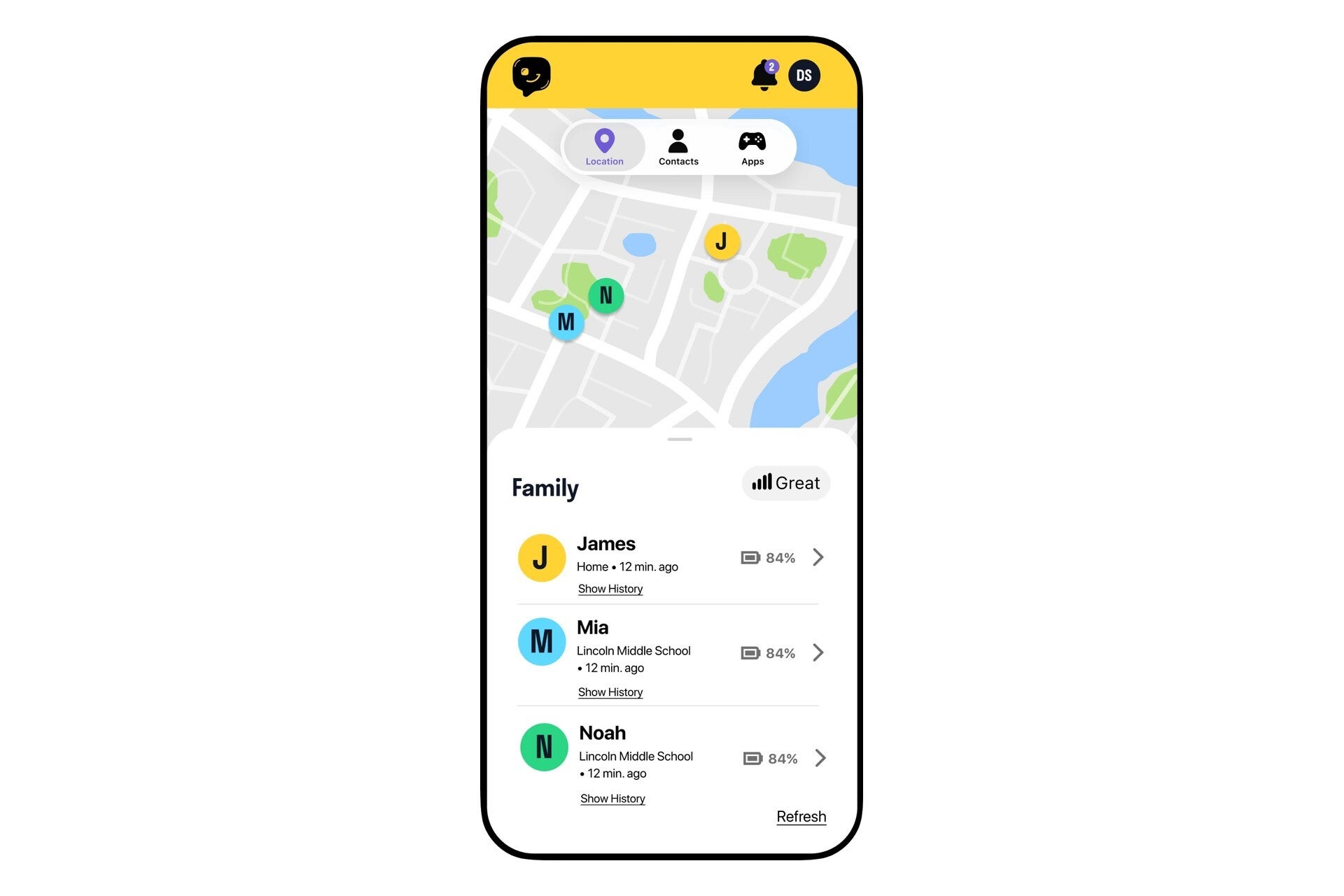 Yello! Parent Portal showing kids&amp;#039; live locations on a map
