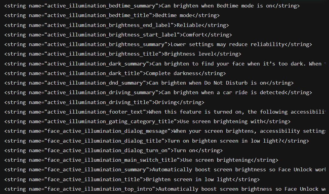 Strings of code found inside the Android 17 QPR3 Beta 2. | Image by Android Authority - Pixel owners are about to get a face unlock feature iPhones have had for years